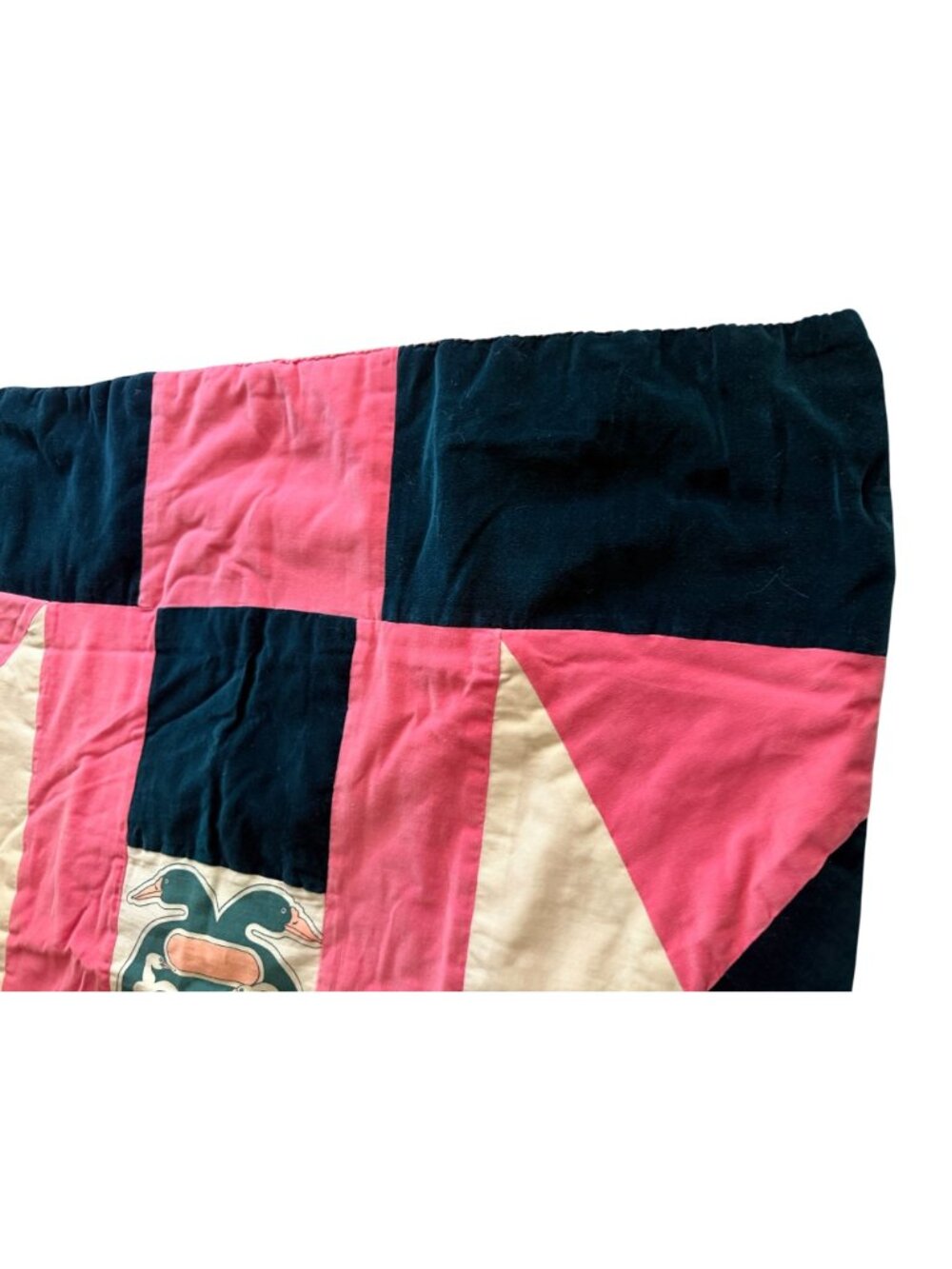 Handmade Vintage Velvet Pink Navy White Duck Quilt Satin Back Blanket 32x38" - Picture 4 of 7